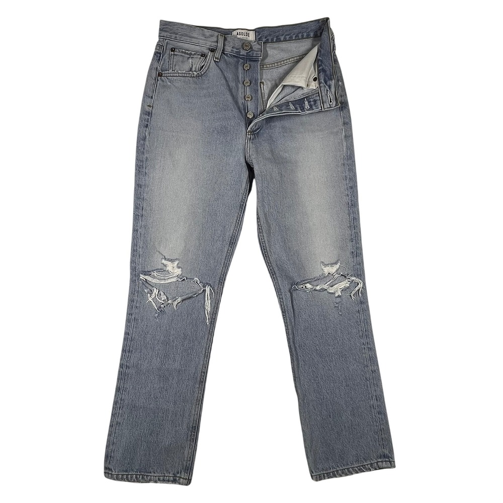 Agolde High Rise Crop Jeans 27 (Fits 28x26) Light Wash Distressed Button Fly